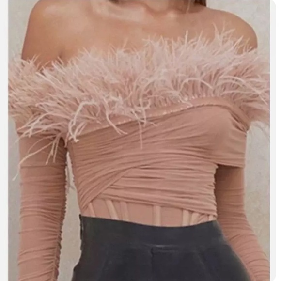 House of CB Faith Blush Feather Corset Bodysuit Off Shoulder Mesh Top size XS - Picture 5 of 15